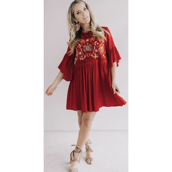 Umgee Dresses & Skirts - Umgee Women Velvet Shift Mini Dress Red Small Size Embroidered Party Christmas